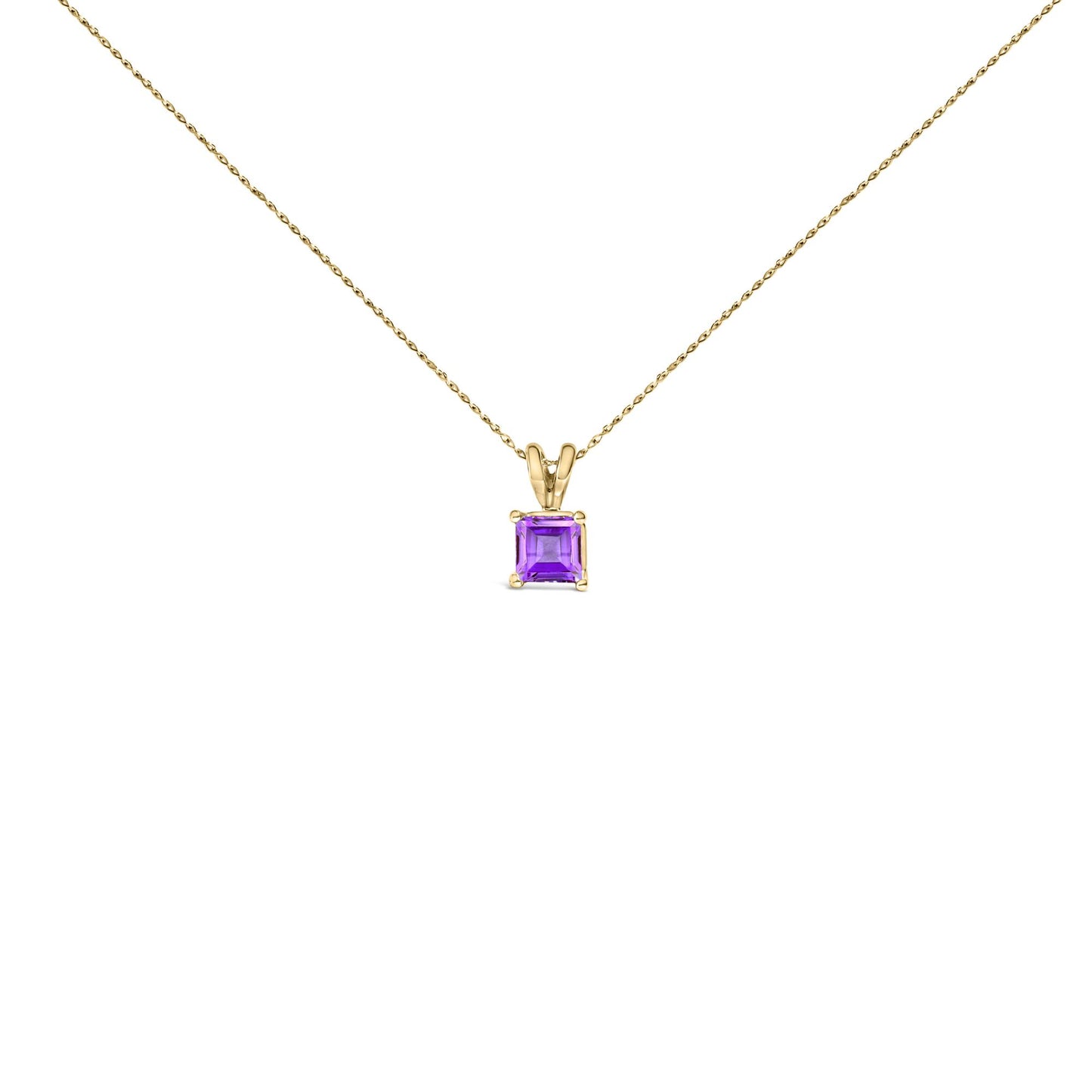 Front angle view of a yellow necklace with a square purple gemstone pendant in a four-prong setting.
