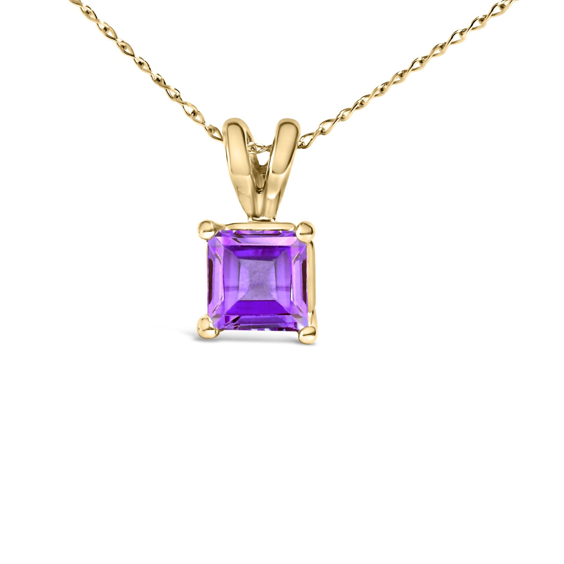 Front view of a yellow metal necklace with a princess-shaped purple gemstone pendant in a four-prong setting.