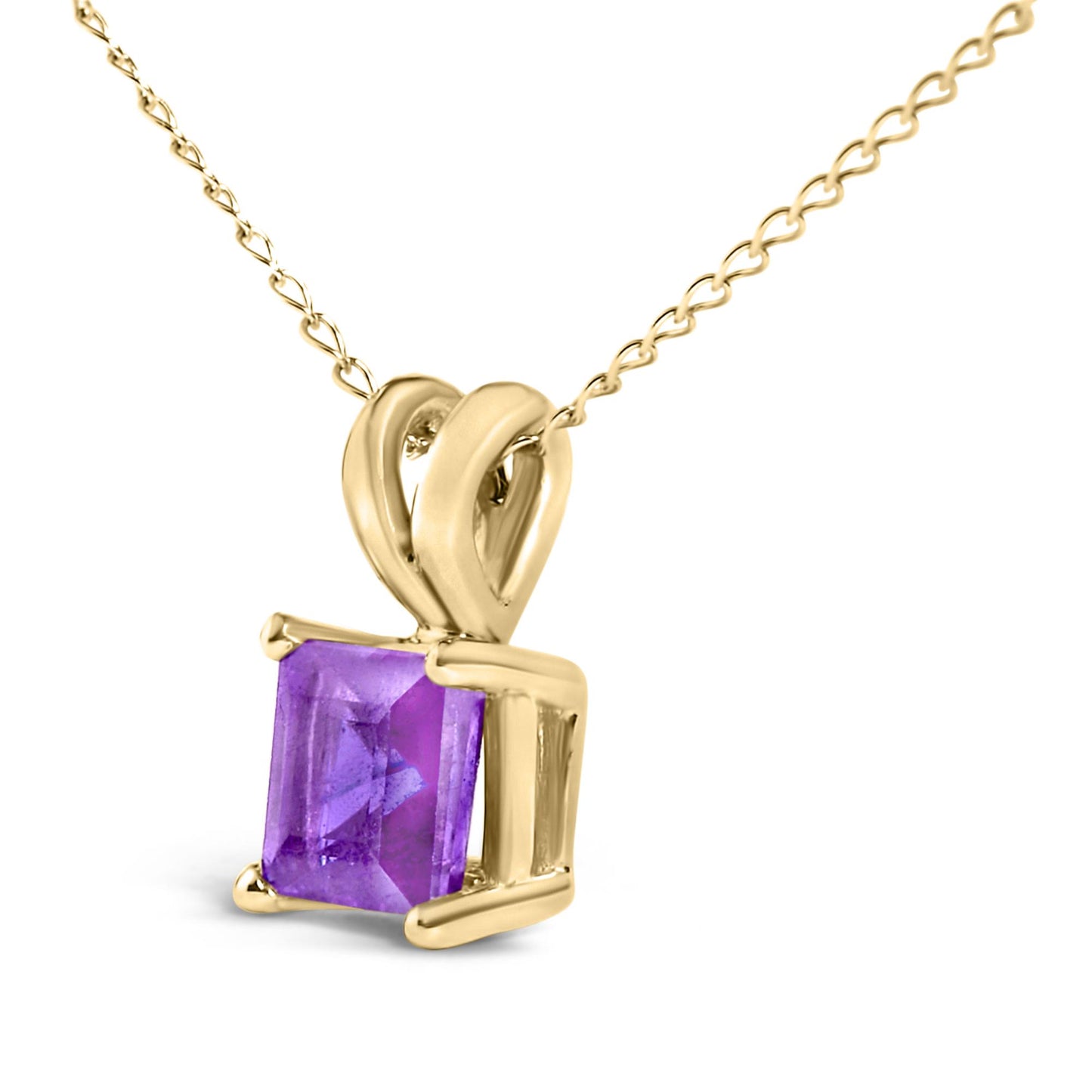 Close-up angled view of a yellow metal necklace with a square purple gemstone set in a four-prong setting, shown against a white background.