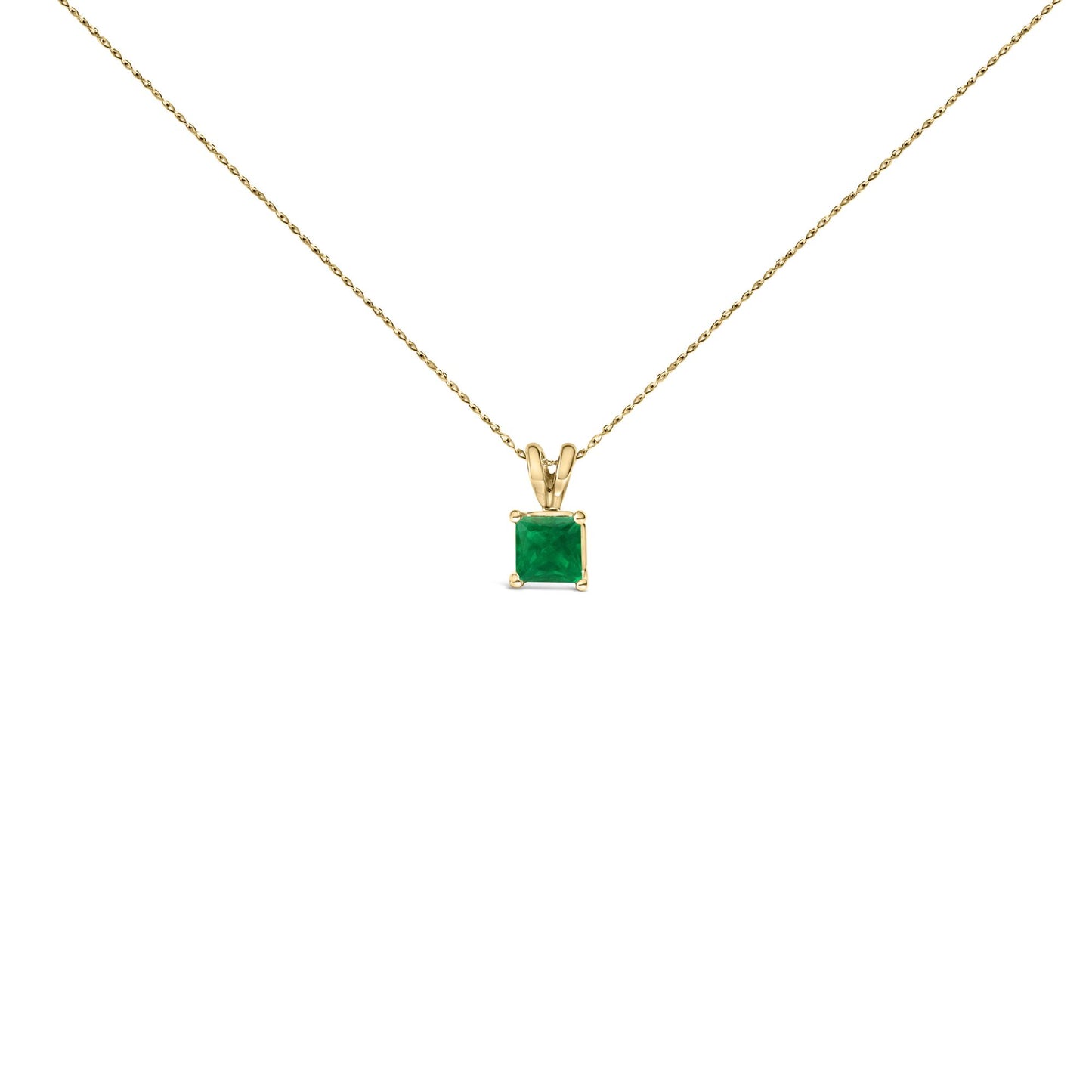 Front view of a yellow necklace with a square green gemstone pendant in a four-prong setting.