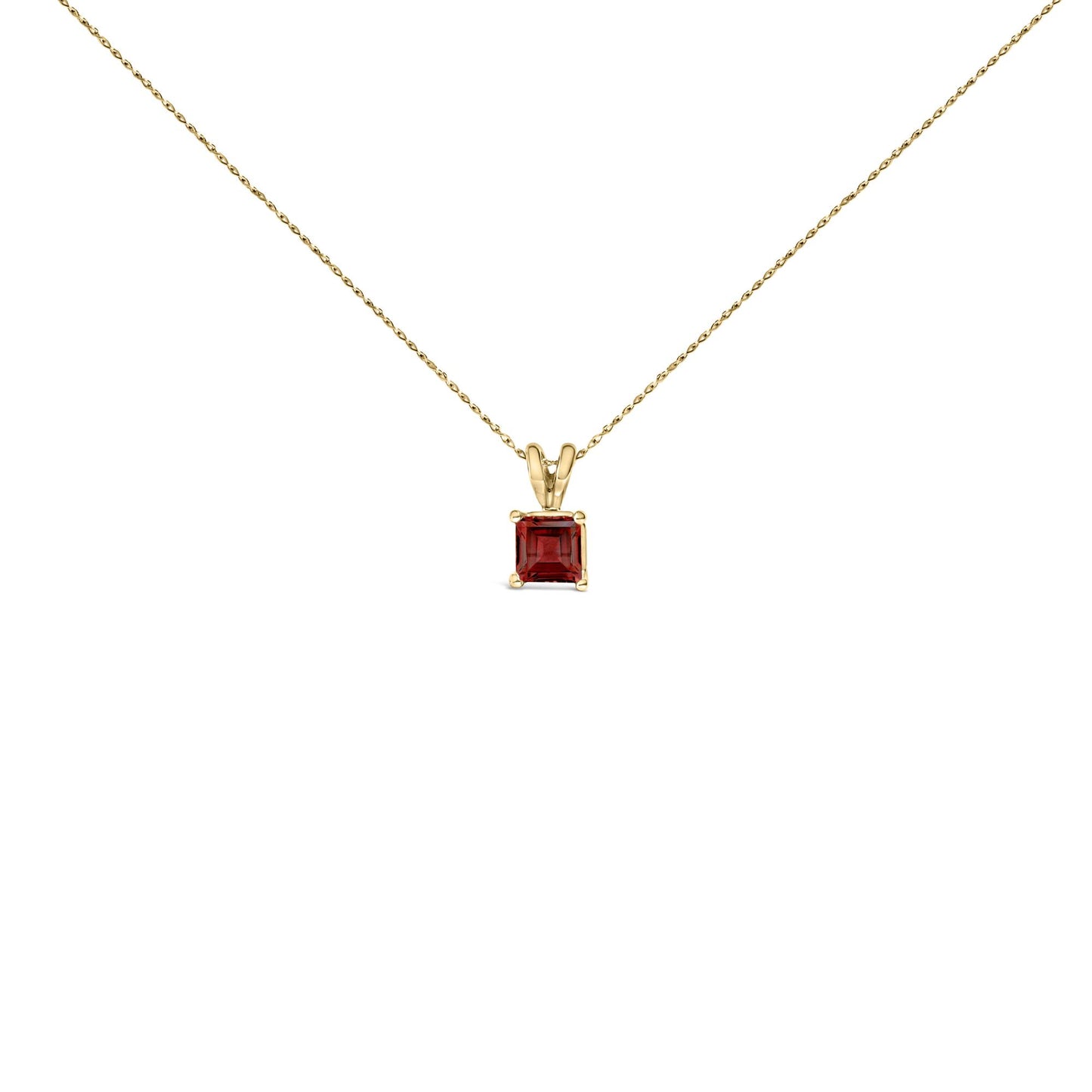 Yellow necklace with a square red gemstone in a four-prong setting, shown from the front on a white background.