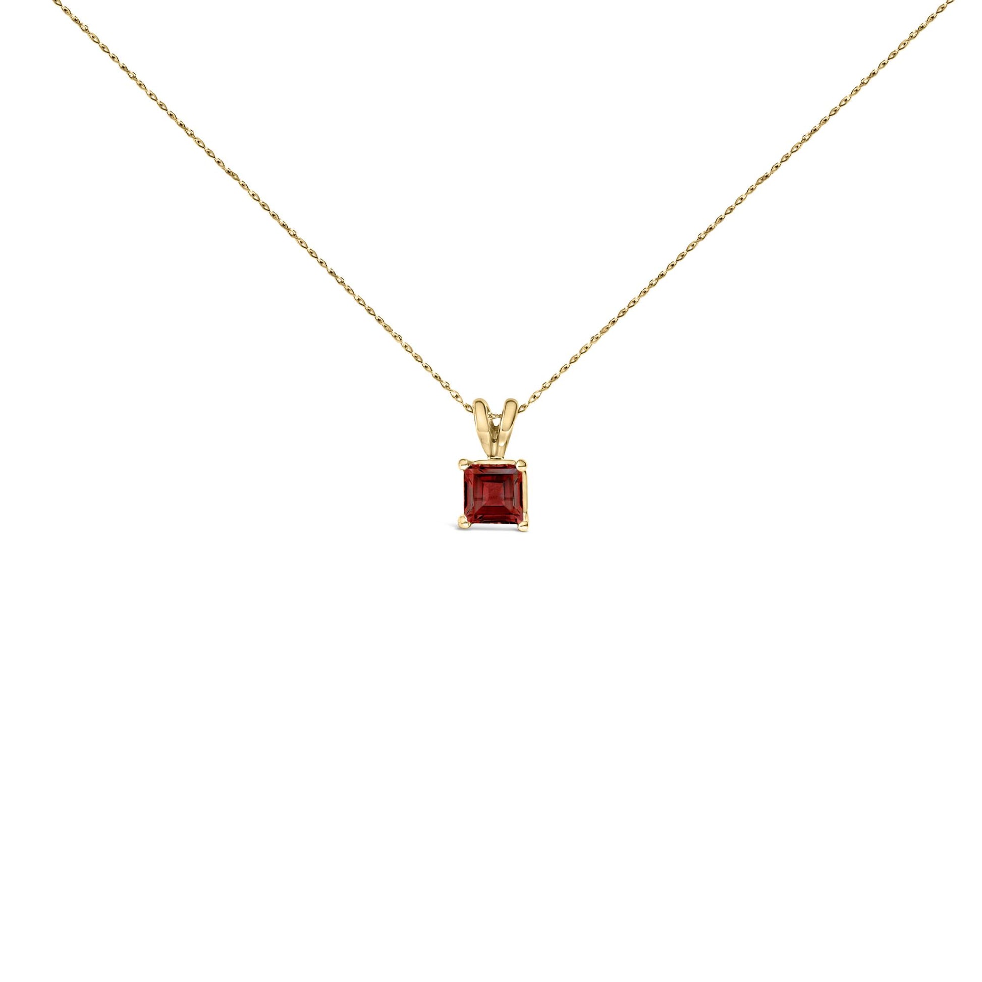 Yellow necklace with a square red gemstone in a four-prong setting, shown from the front on a white background.