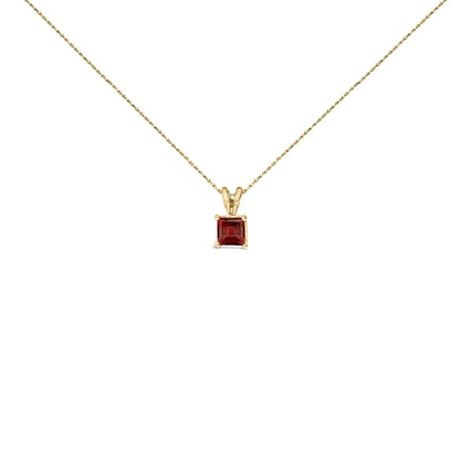 Yellow necklace with a square red gemstone in a four-prong setting, shown from the front on a white background.
