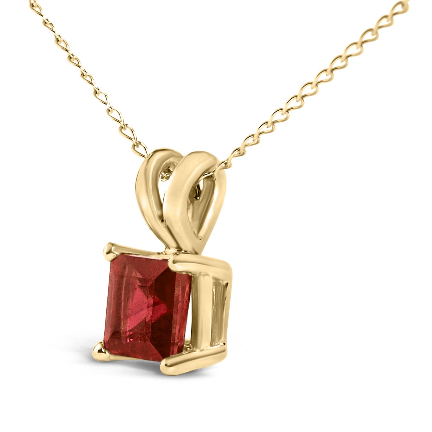 Close-up front angle of a yellow metal necklace with a square red gemstone in a four-prong setting.