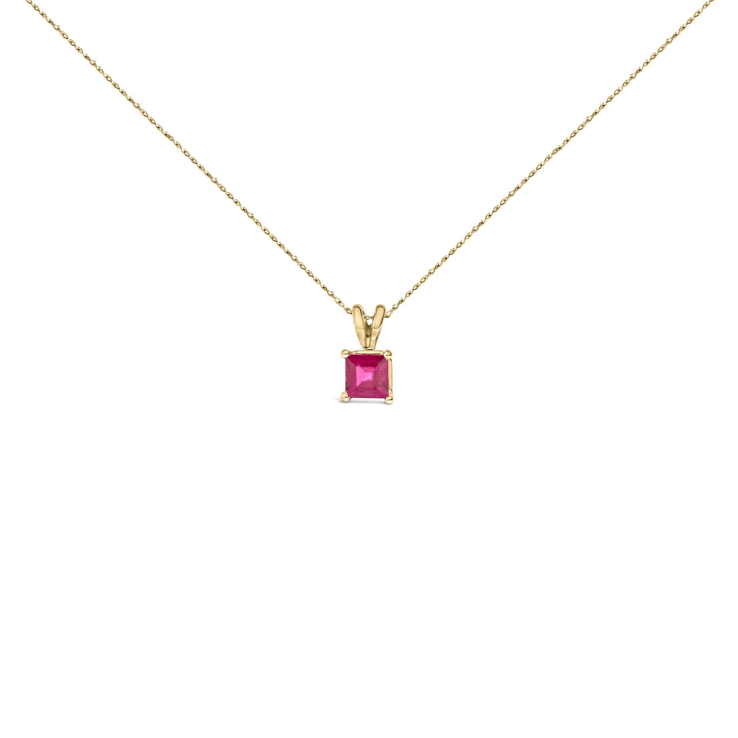 Yellow necklace with a square red gemstone pendant in a four-prong setting, shown in a front-facing close-up shot on a white background.