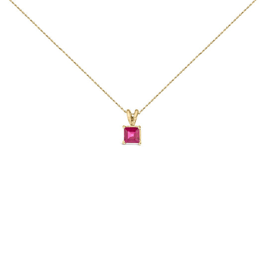 Yellow necklace with a square red gemstone pendant in a four-prong setting, shown in a front-facing close-up shot on a white background.
