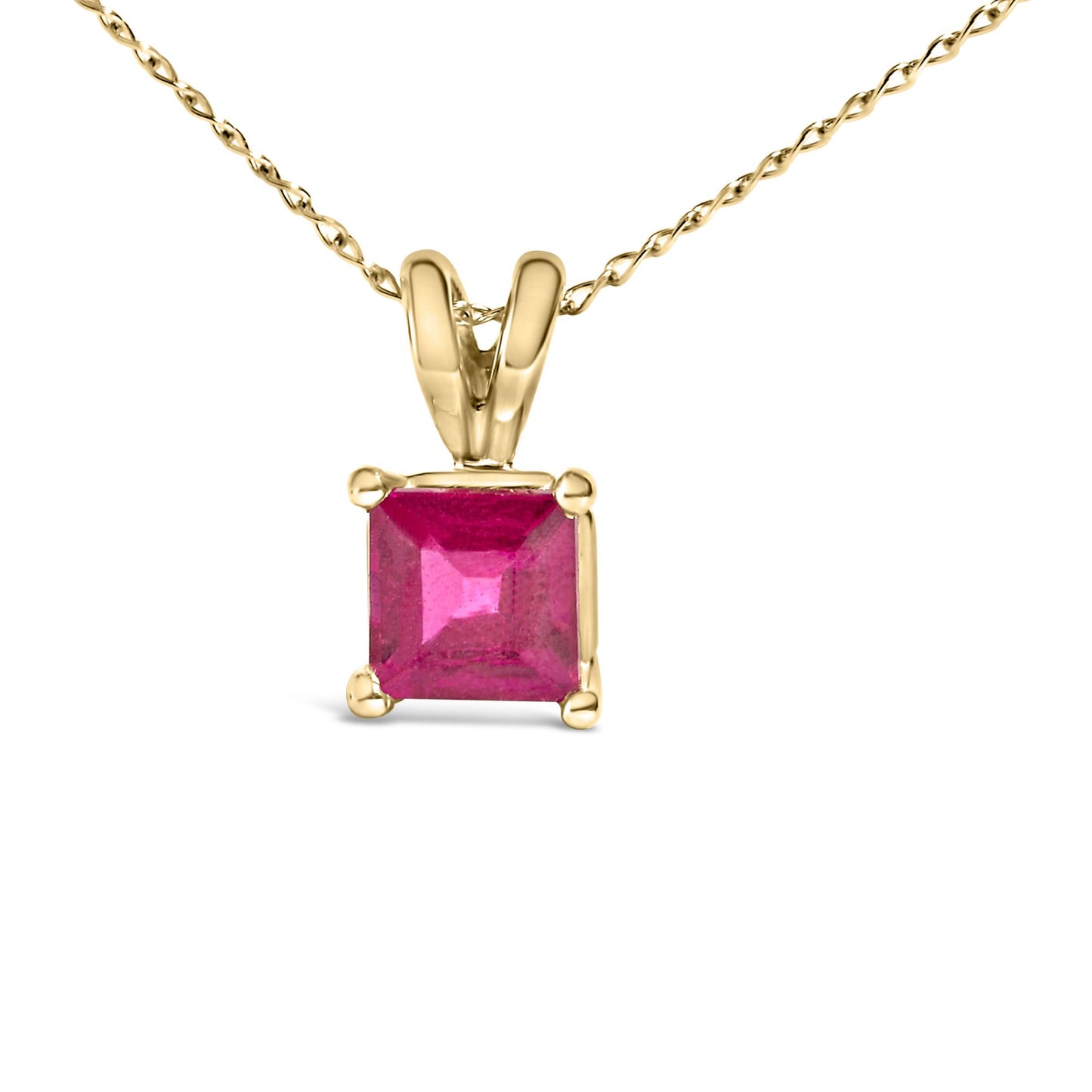 Yellow metal necklace with a princess-shaped red gemstone in a four-prong setting, shown in a front-facing close-up.