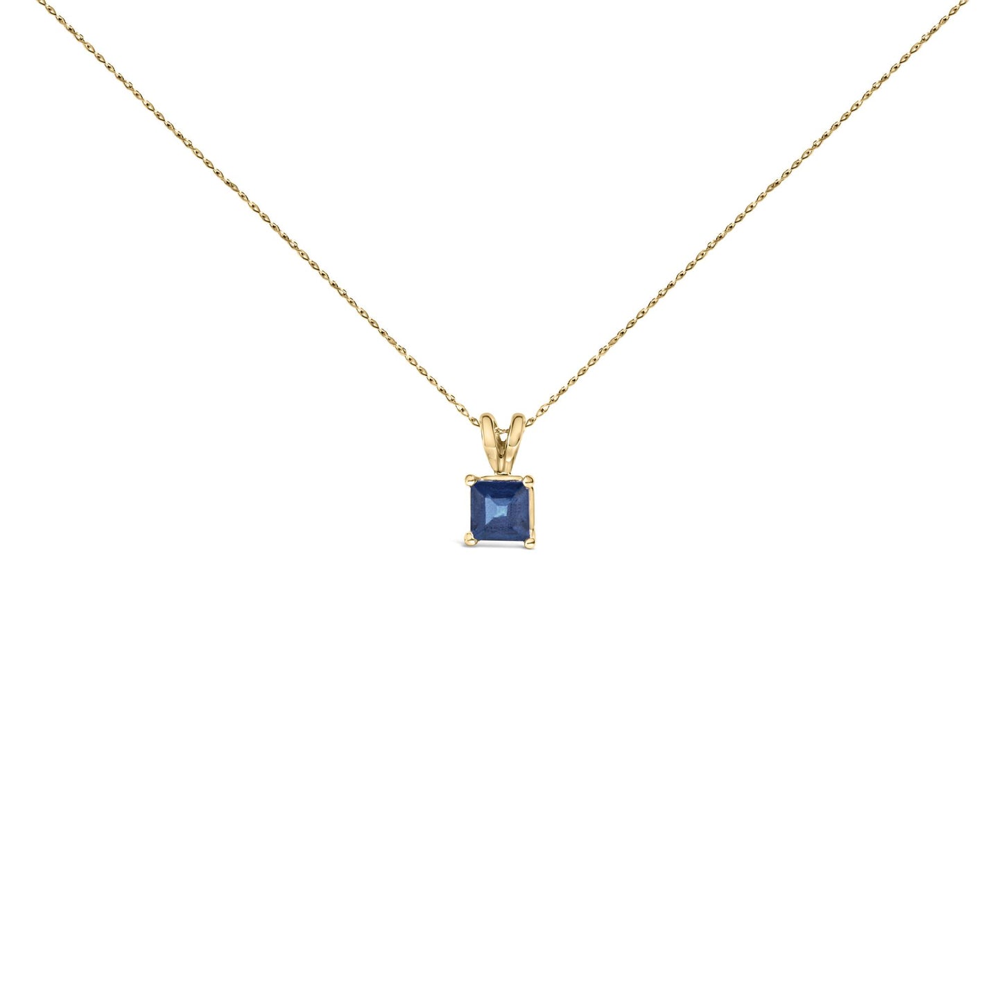 Front view of yellow metal necklace with a single blue princess-shaped gemstone pendant in a four-prong setting.