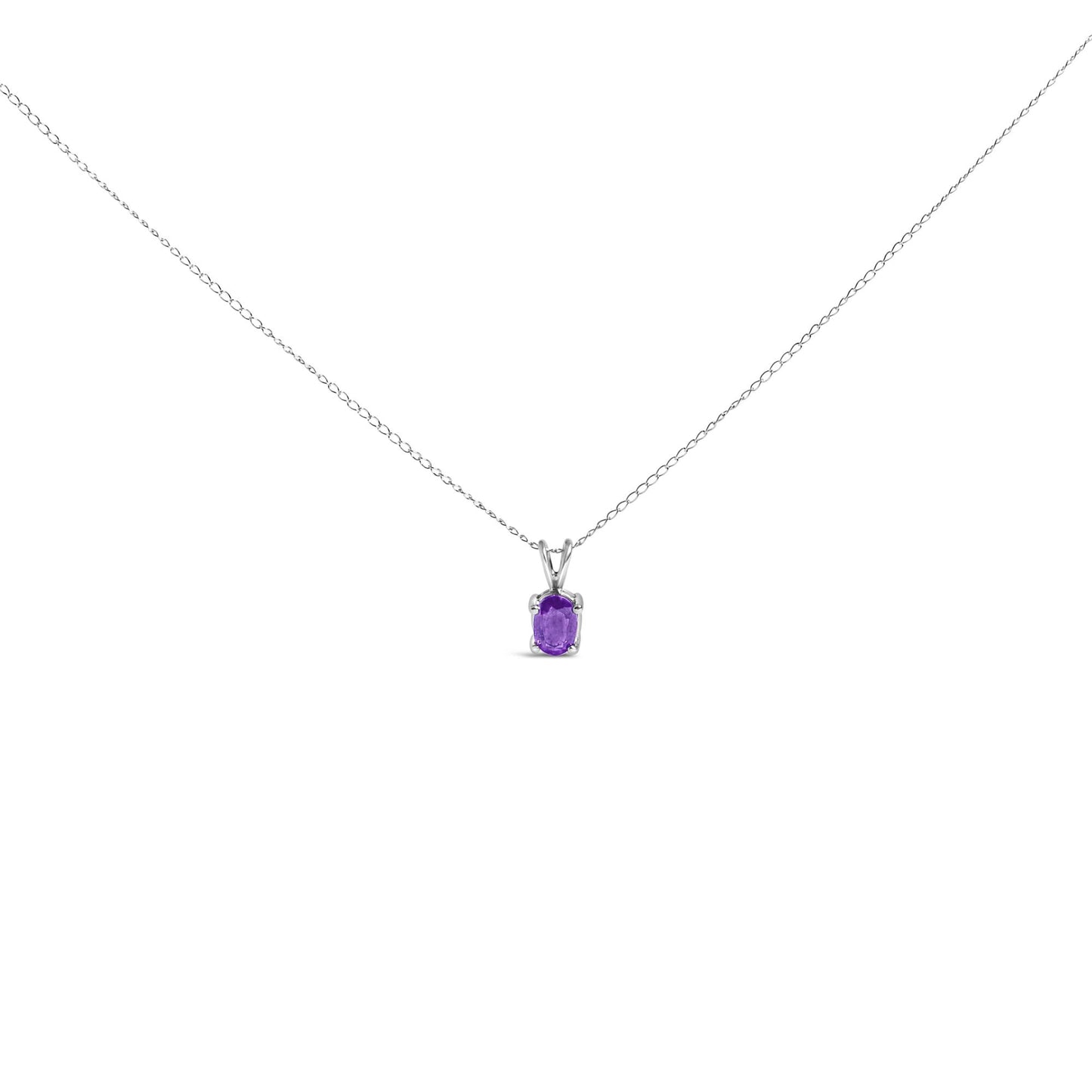 Front view of a white metal necklace with a single oval purple gemstone pendant held by a four-prong setting.
