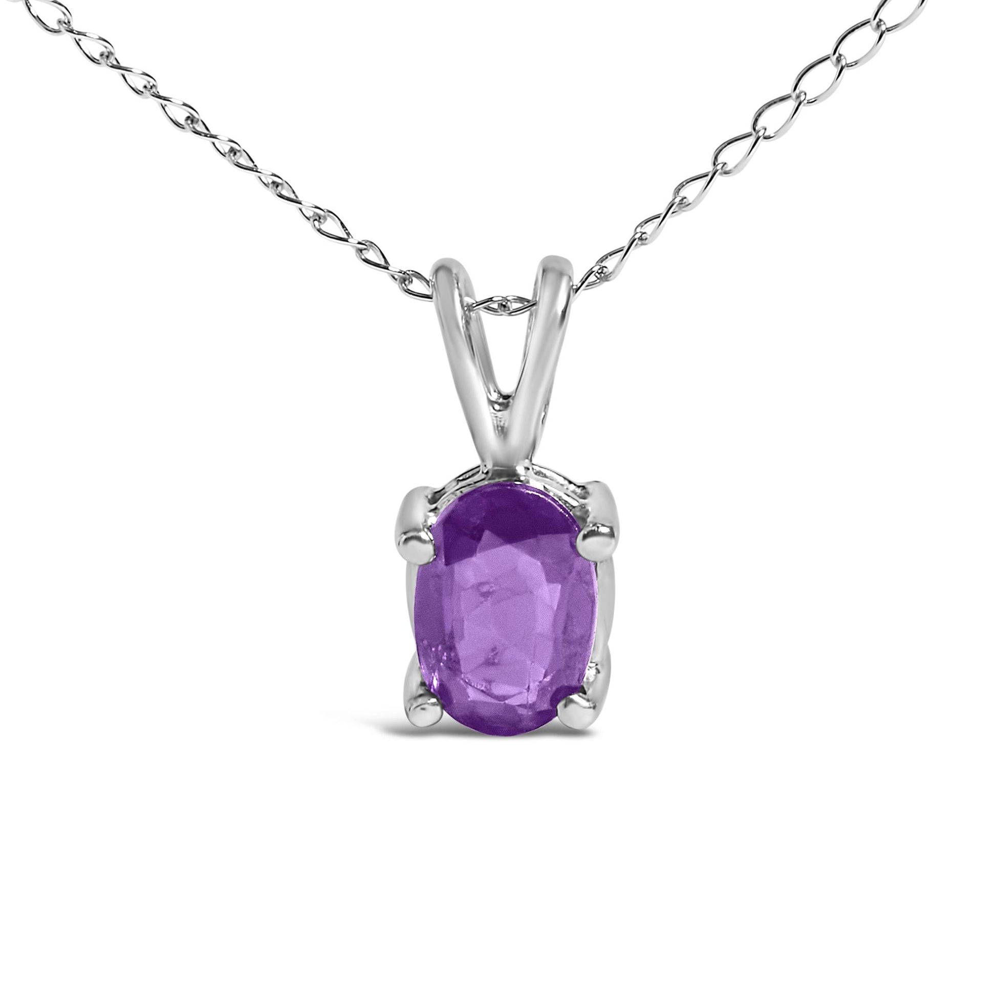 Close-up front view of a white necklace featuring an oval-shaped purple gemstone set in a four-prong setting.