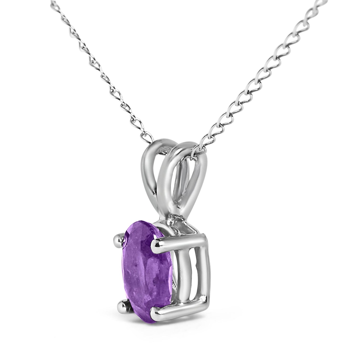 Close-up front angle of a white metal necklace with an oval purple gemstone in a four-prong setting.