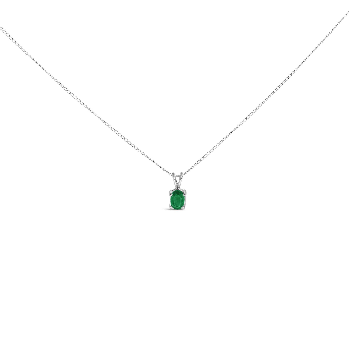 Front-facing close-up of a white necklace with an oval green gemstone pendant in a four-prong setting.