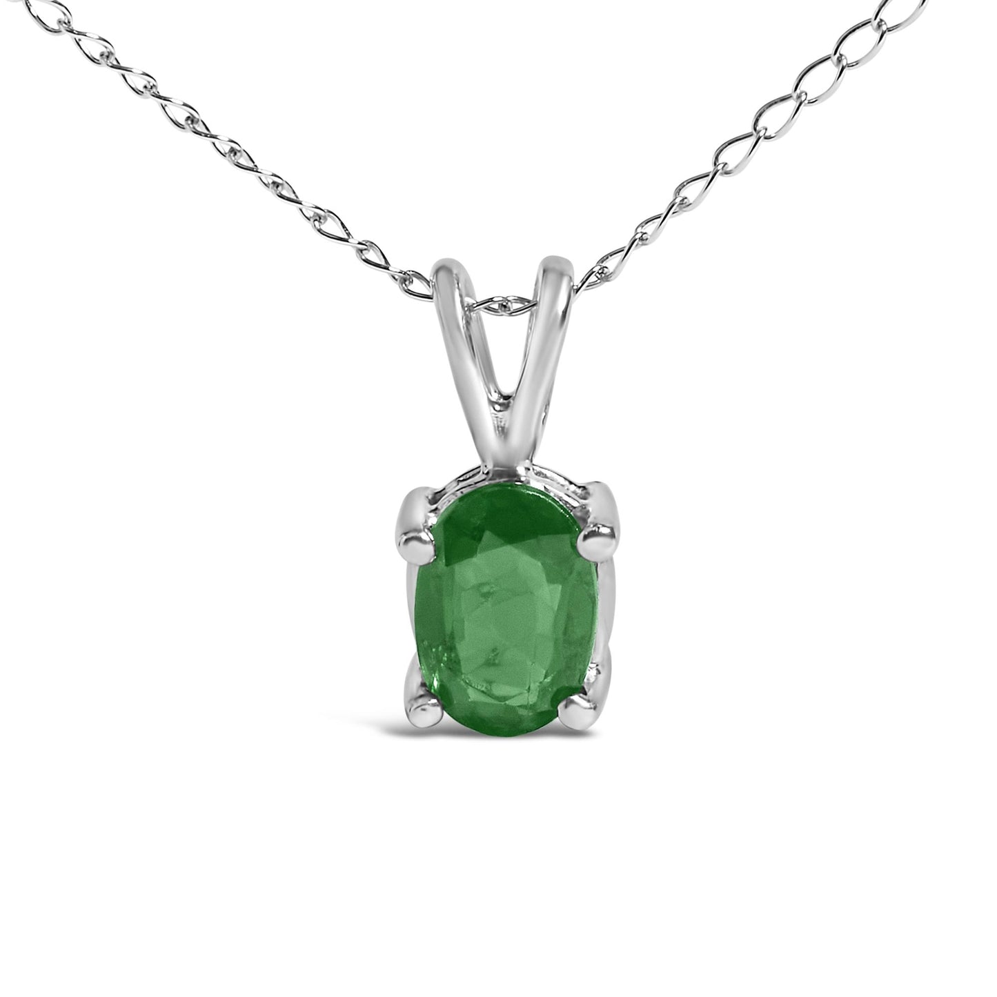 Close-up front view of a white necklace with an oval green gemstone in a four-prong setting.