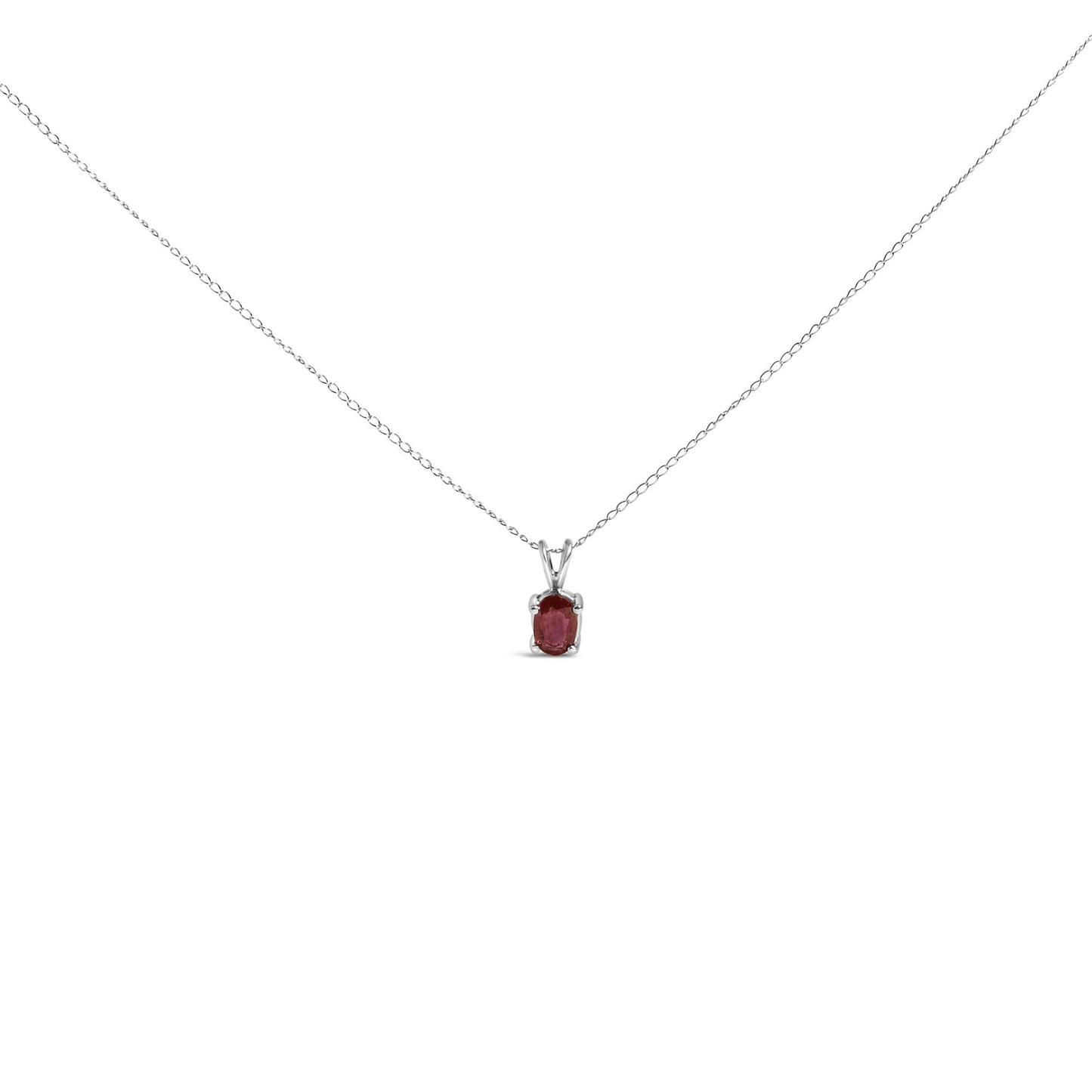 Front angle view of a white necklace chain with a small oval red gemstone pendant in a four-prong setting.