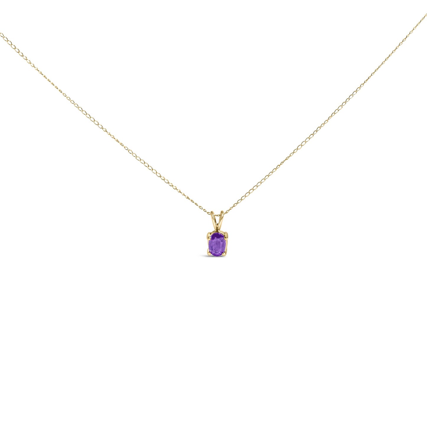 Front-facing close-up of a yellow necklace featuring a single oval purple gemstone in a four-prong setting on a delicate chain.