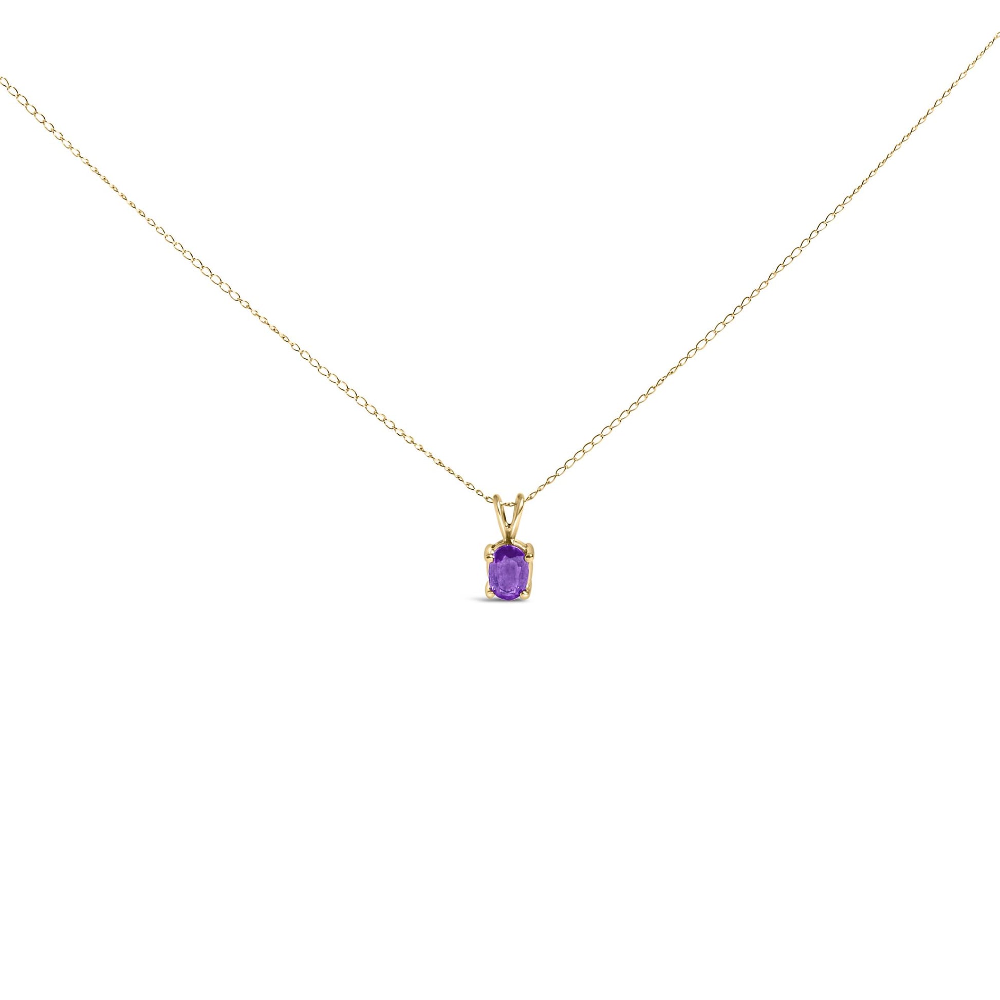 Front-facing close-up of a yellow necklace featuring a single oval purple gemstone in a four-prong setting on a delicate chain.
