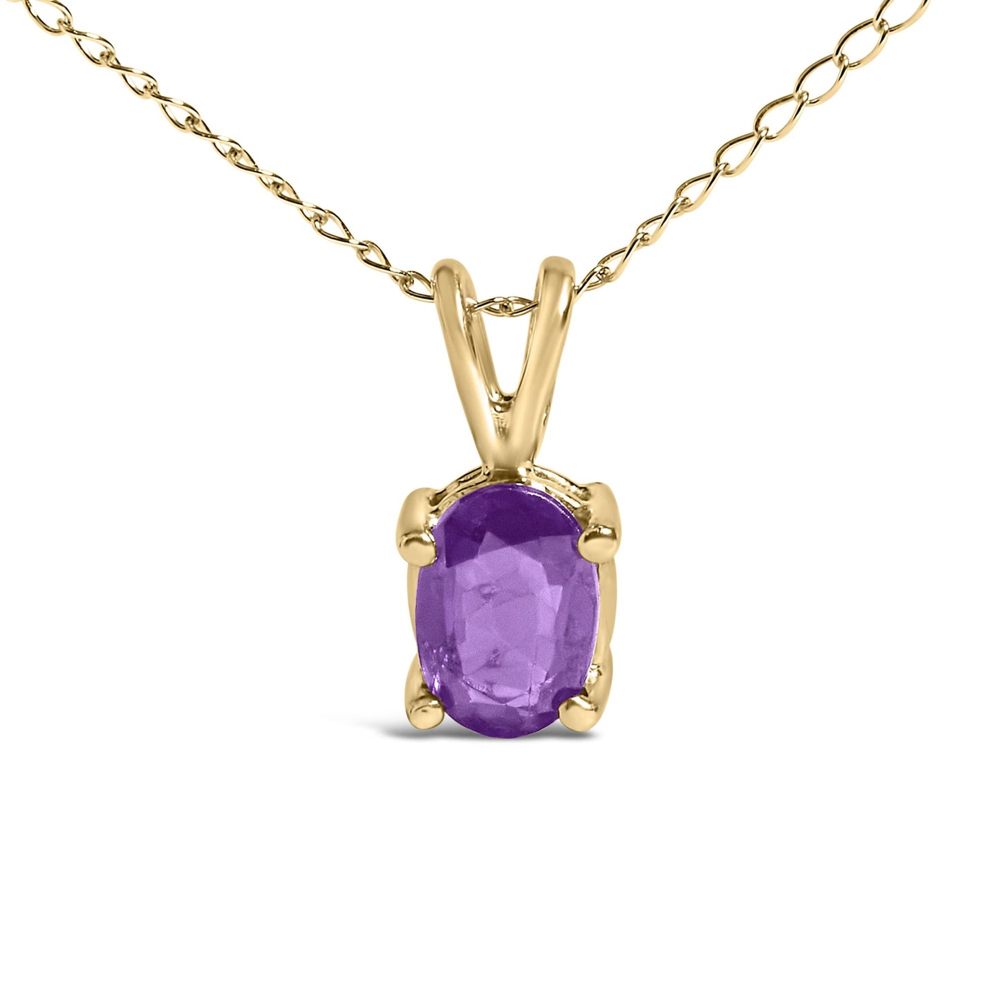 Close-up front view of a yellow necklace with an oval purple gemstone in a four-prong setting.
