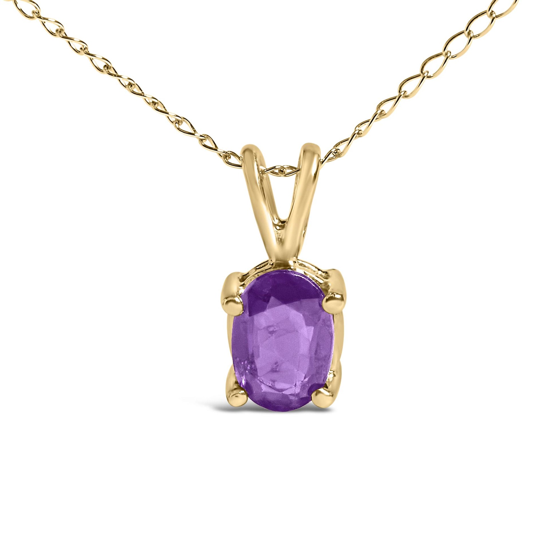 Close-up front view of a yellow necklace with an oval purple gemstone in a four-prong setting.