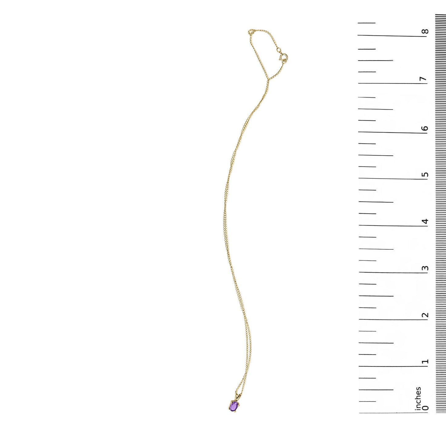 Yellow necklace with a small oval purple gemstone pendant in a four-prong setting, shown flat next to a ruler for scale, top-down view.