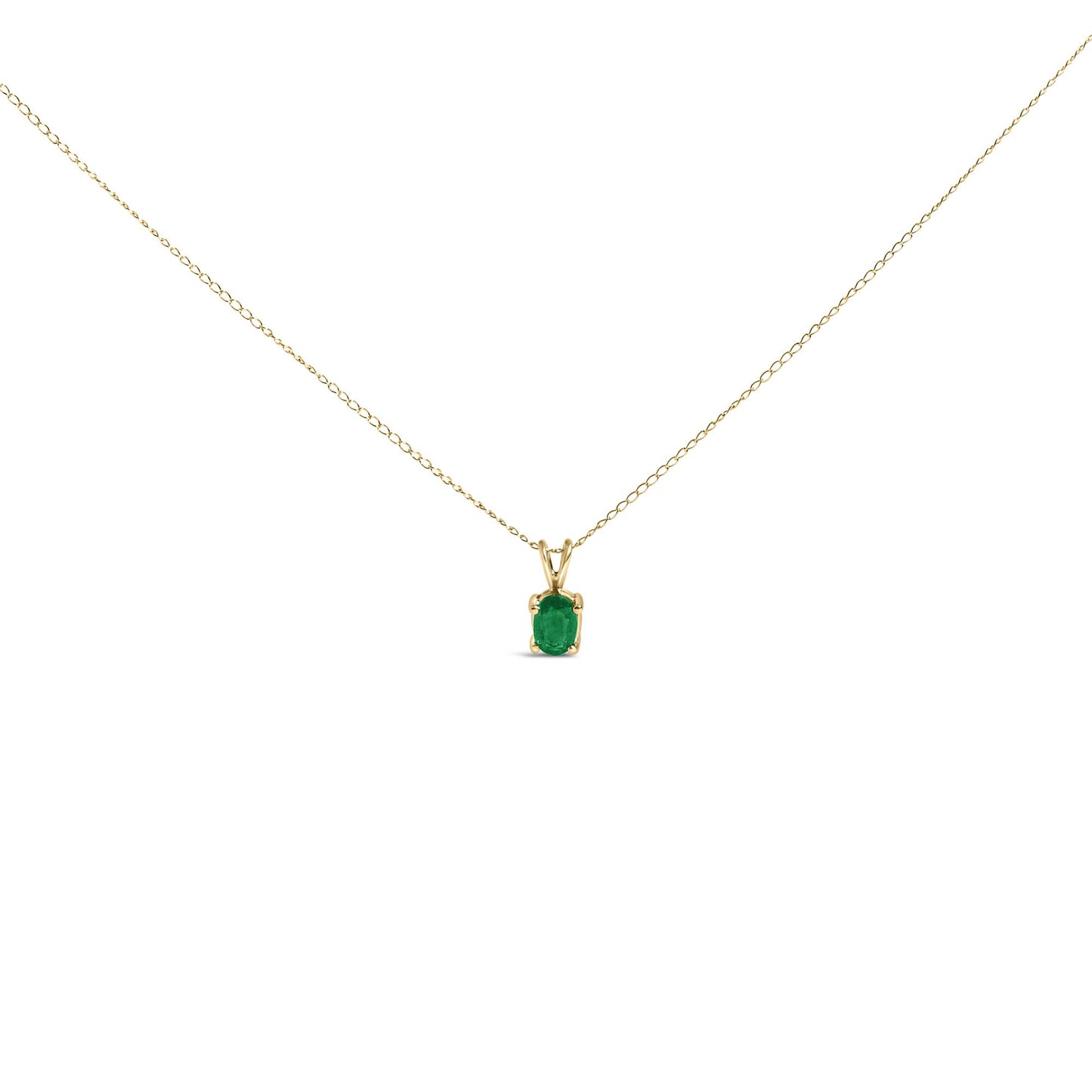 Front view of a yellow metal necklace with a single oval green gemstone pendant in a 4-prong setting.