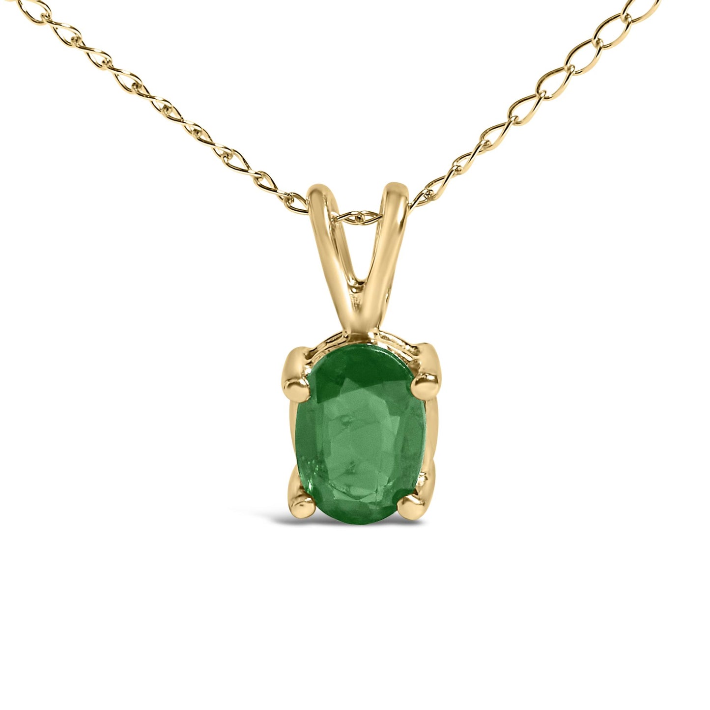 Close-up front view of a yellow necklace with an oval green gemstone pendant in a four-prong setting.