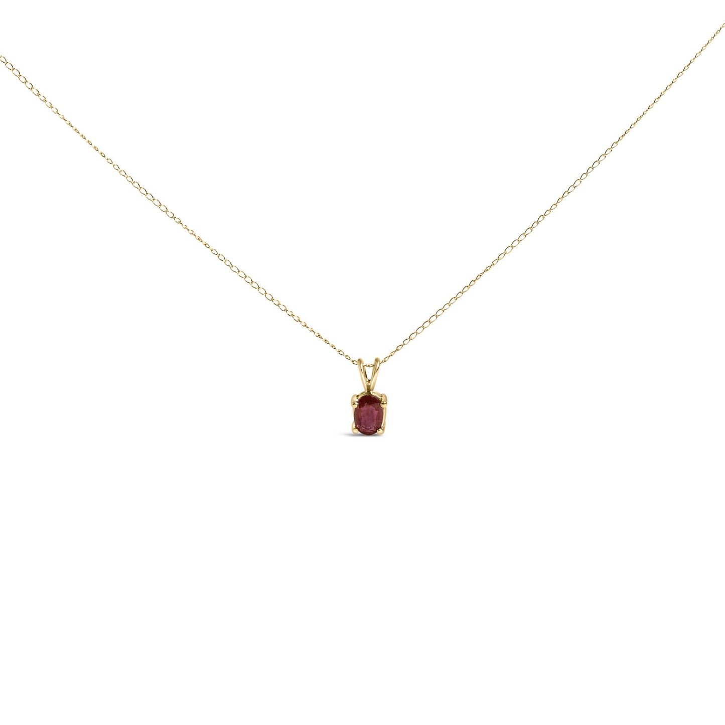 Yellow metal necklace with a small oval red gemstone in a four-prong setting, shown in a front-facing close-up shot.