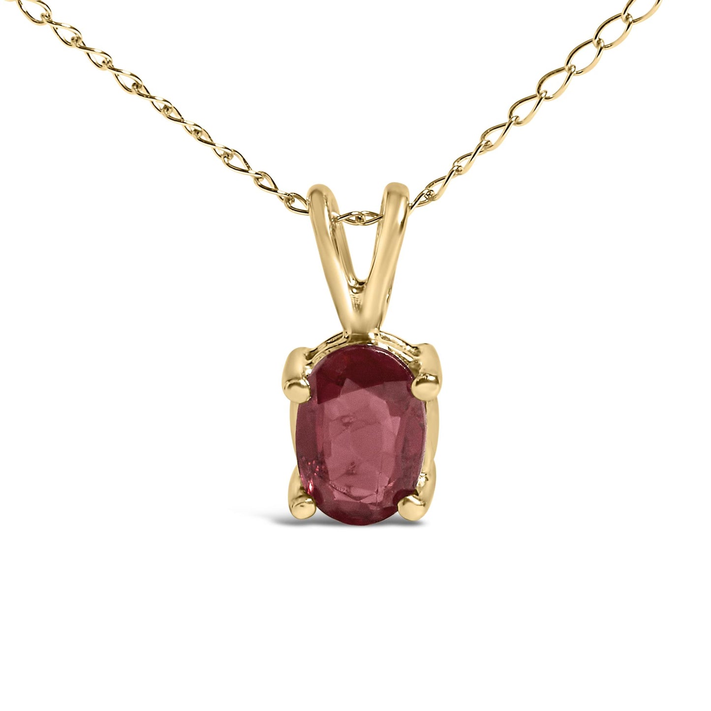 Close-up front view of a yellow metal necklace with a single oval red gemstone pendant in a four-prong setting.