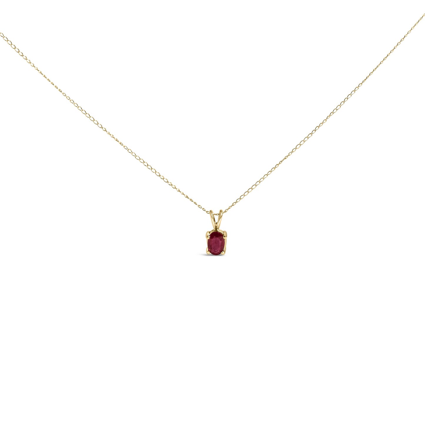 Front view of yellow metal necklace with oval red gemstone in a four-prong setting.