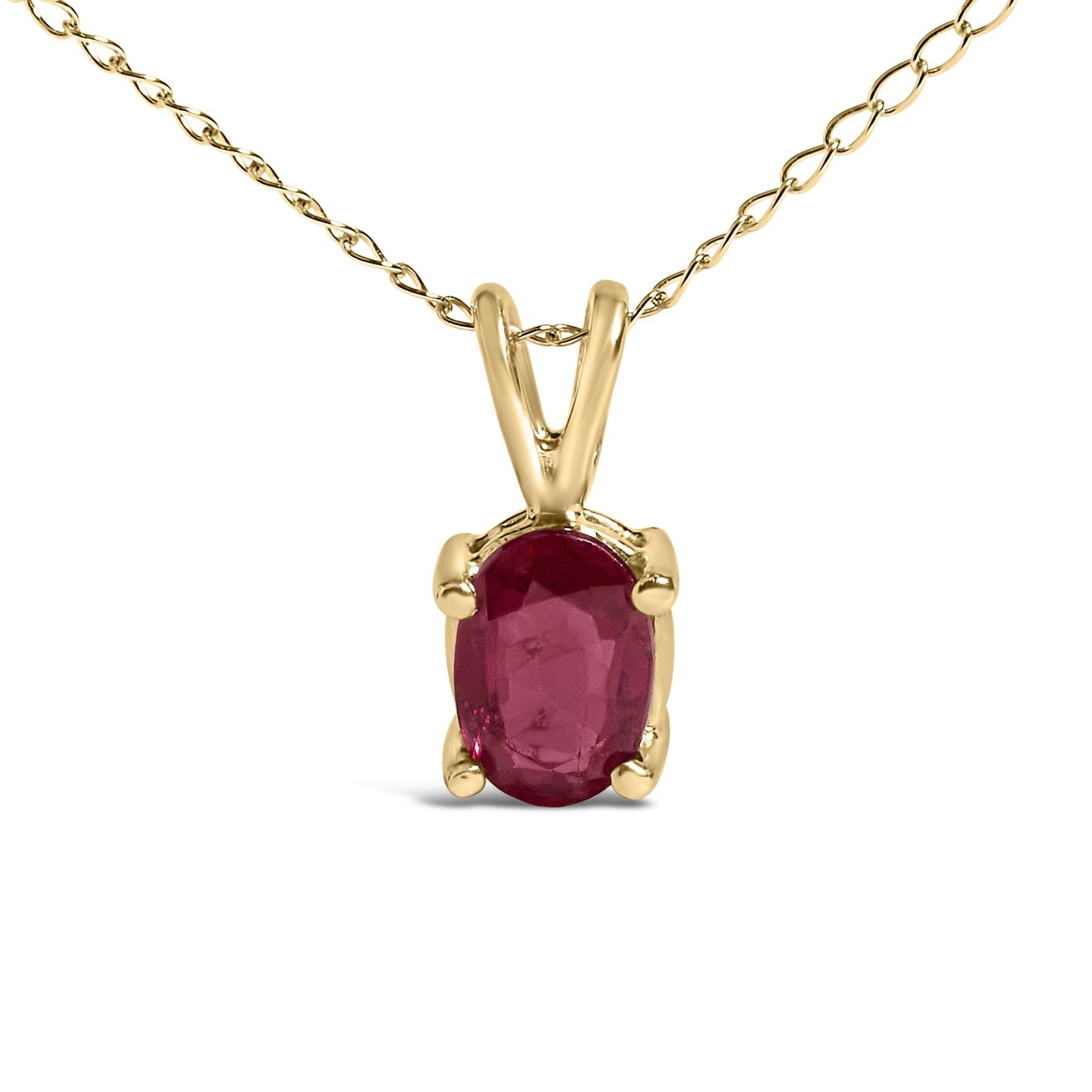 Close-up front view of a yellow metal necklace with an oval red gemstone set in a four-prong setting.