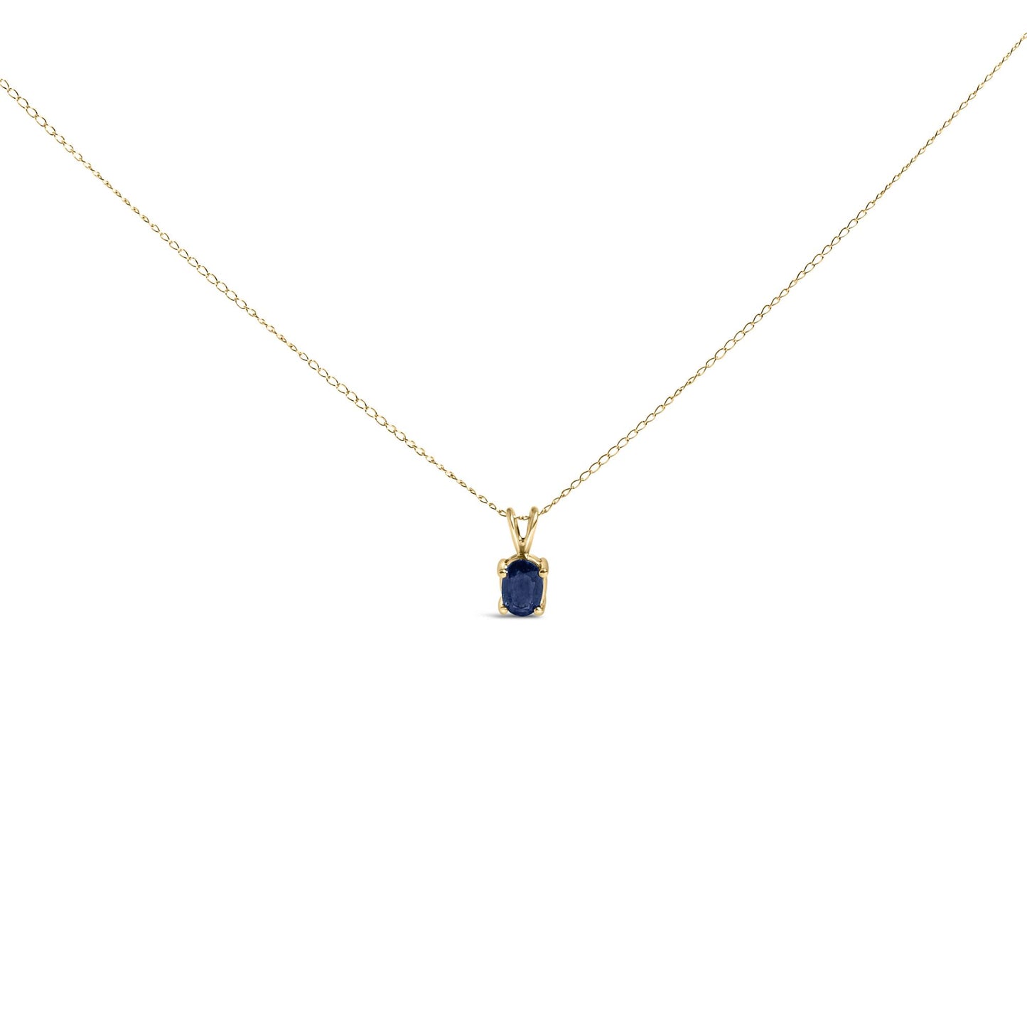 Front view of a yellow necklace with a small oval blue gemstone pendant shown on a white background.