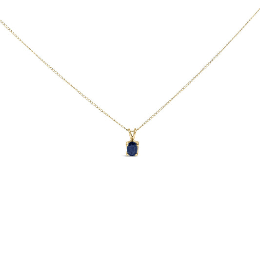 Front view of a yellow necklace with a small oval blue gemstone pendant shown on a white background.