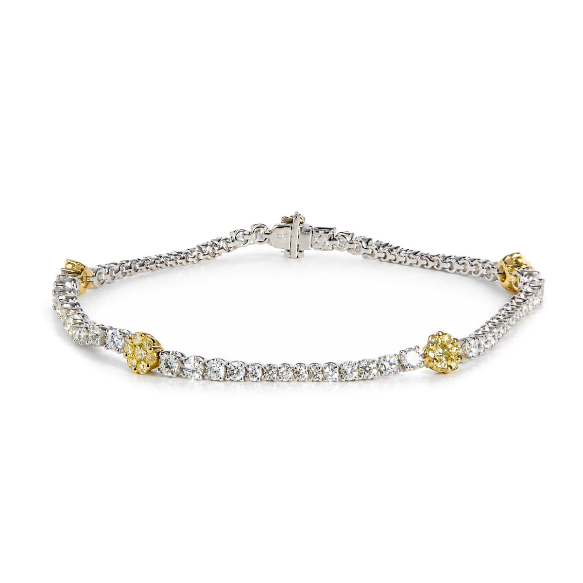 18K Yellow and White Gold 2 9/10 Cttw Yellow and White Diamond Flower Cluster Tennis Bracelet