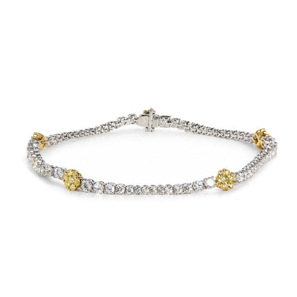 18K Yellow and White Gold 2 9/10 Cttw Yellow and White Diamond Flower Cluster Tennis Bracelet