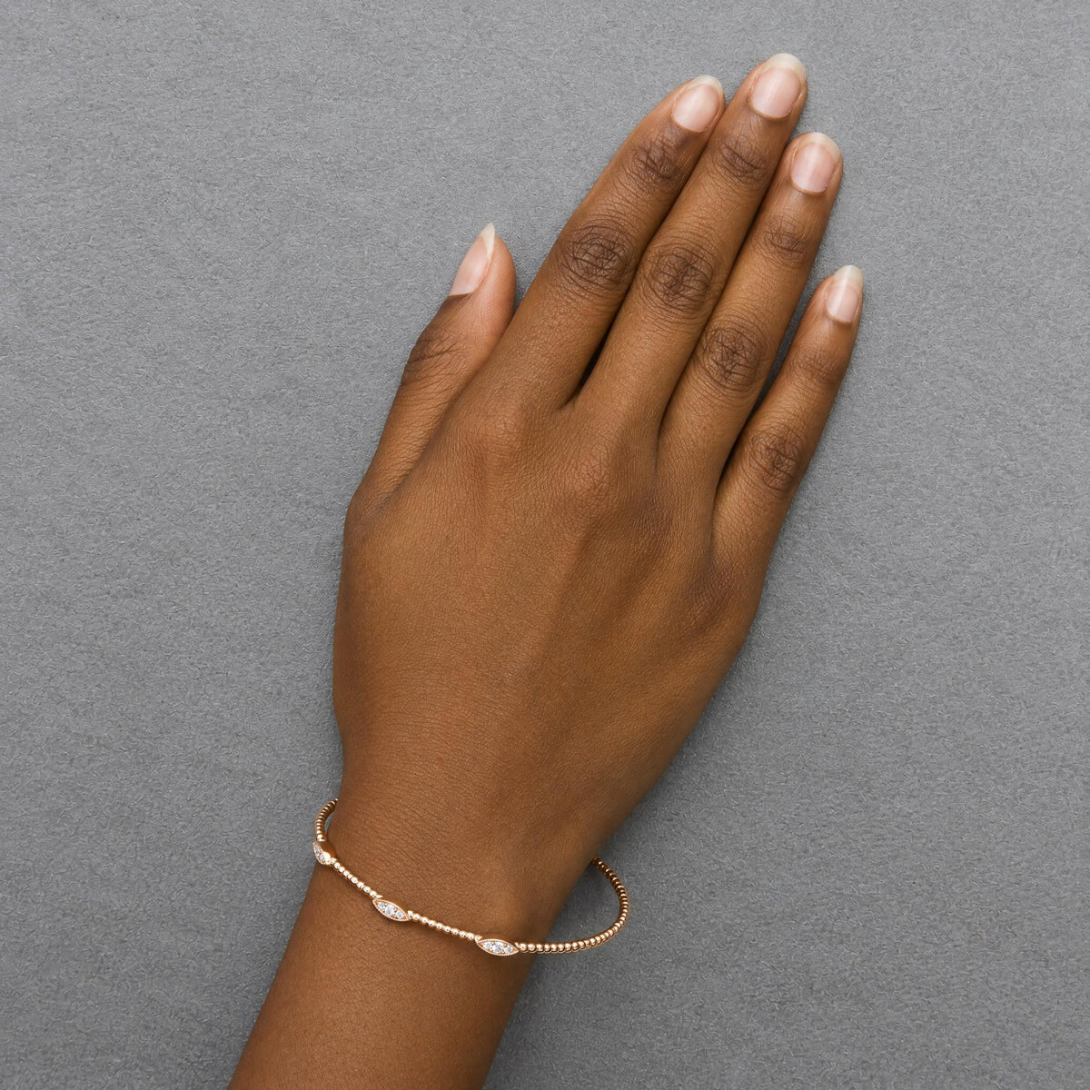 14K Gold 1/6 Cttw Lab-Grown Diamond Marquise Station Beaded Flexible Bangle Bracelet