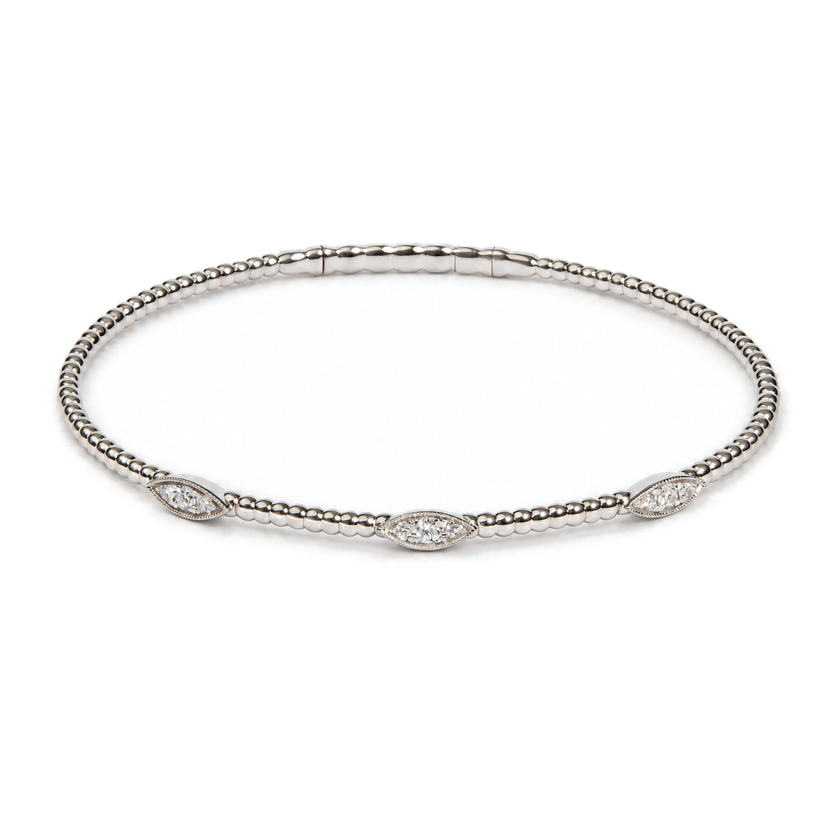 14K Gold 1/6 Cttw Lab-Grown Diamond Marquise Station Beaded Flexible Bangle Bracelet