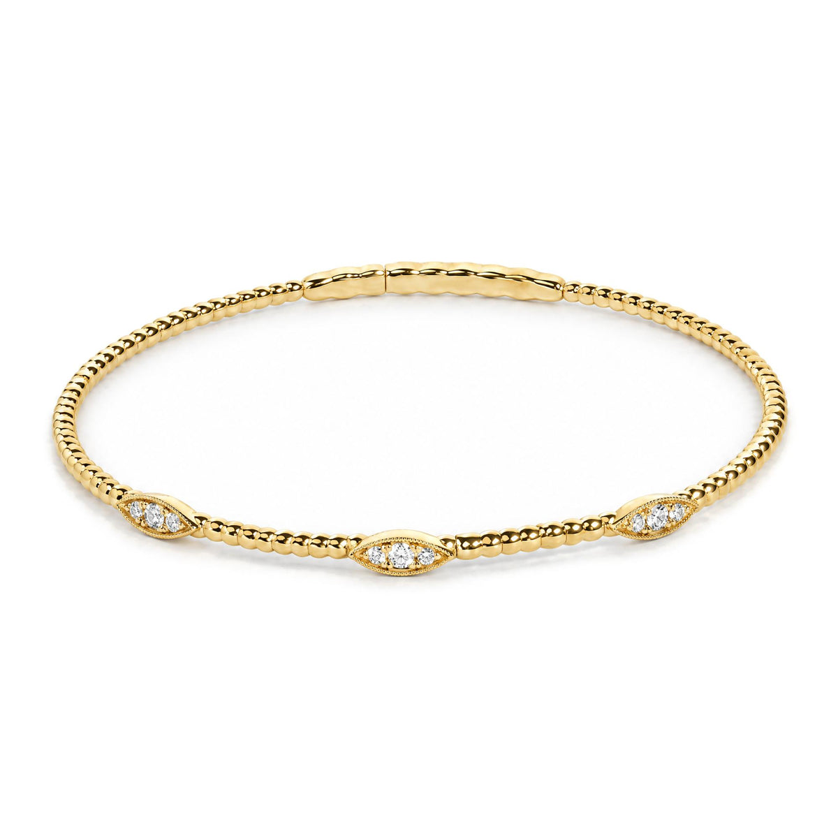 14K Gold 1/6 Cttw Lab-Grown Diamond Marquise Station Beaded Flexible Bangle Bracelet