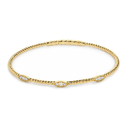 14K Gold 1/6 Cttw Lab-Grown Diamond Marquise Station Beaded Flexible Bangle Bracelet