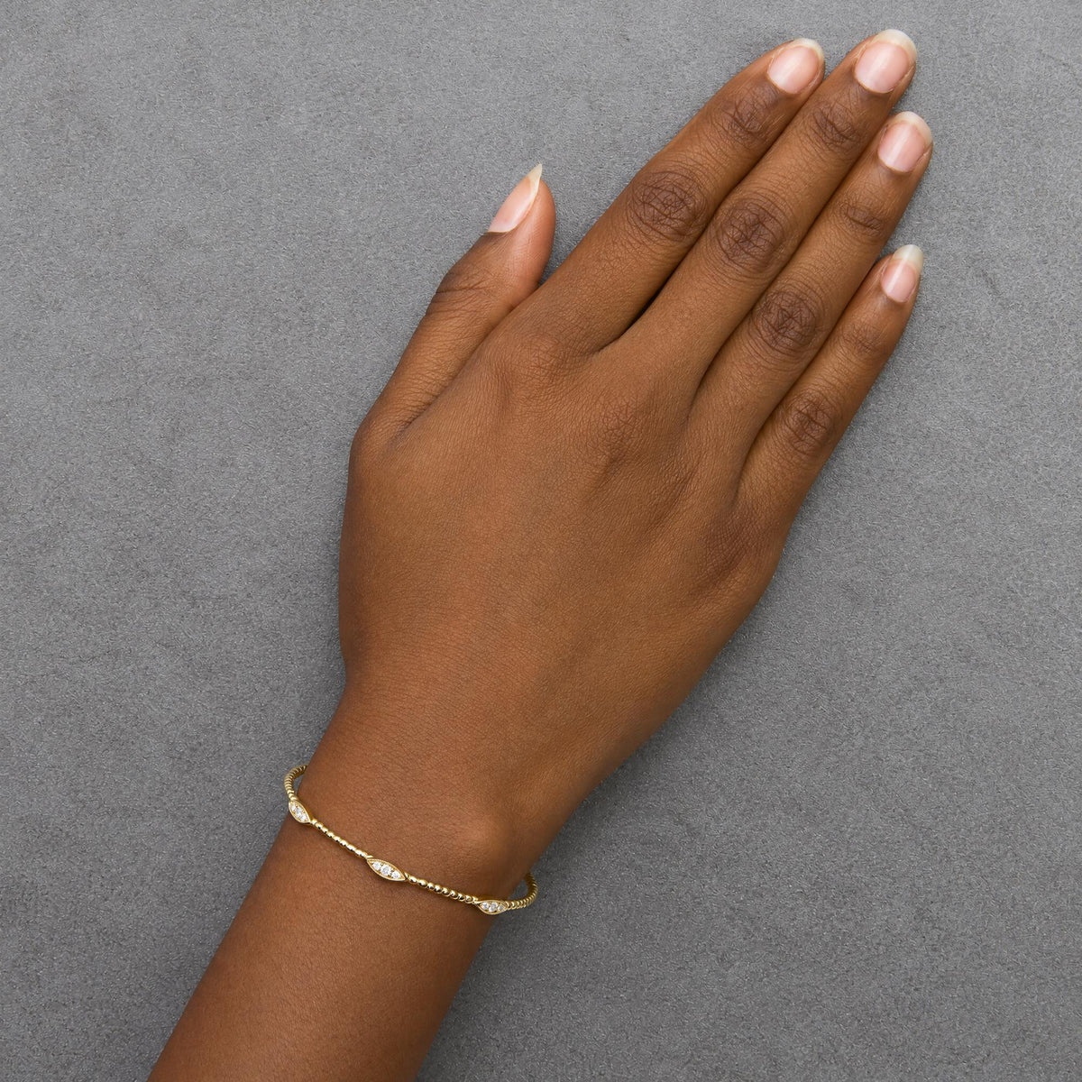 14K Gold 1/6 Cttw Lab-Grown Diamond Marquise Station Beaded Flexible Bangle Bracelet