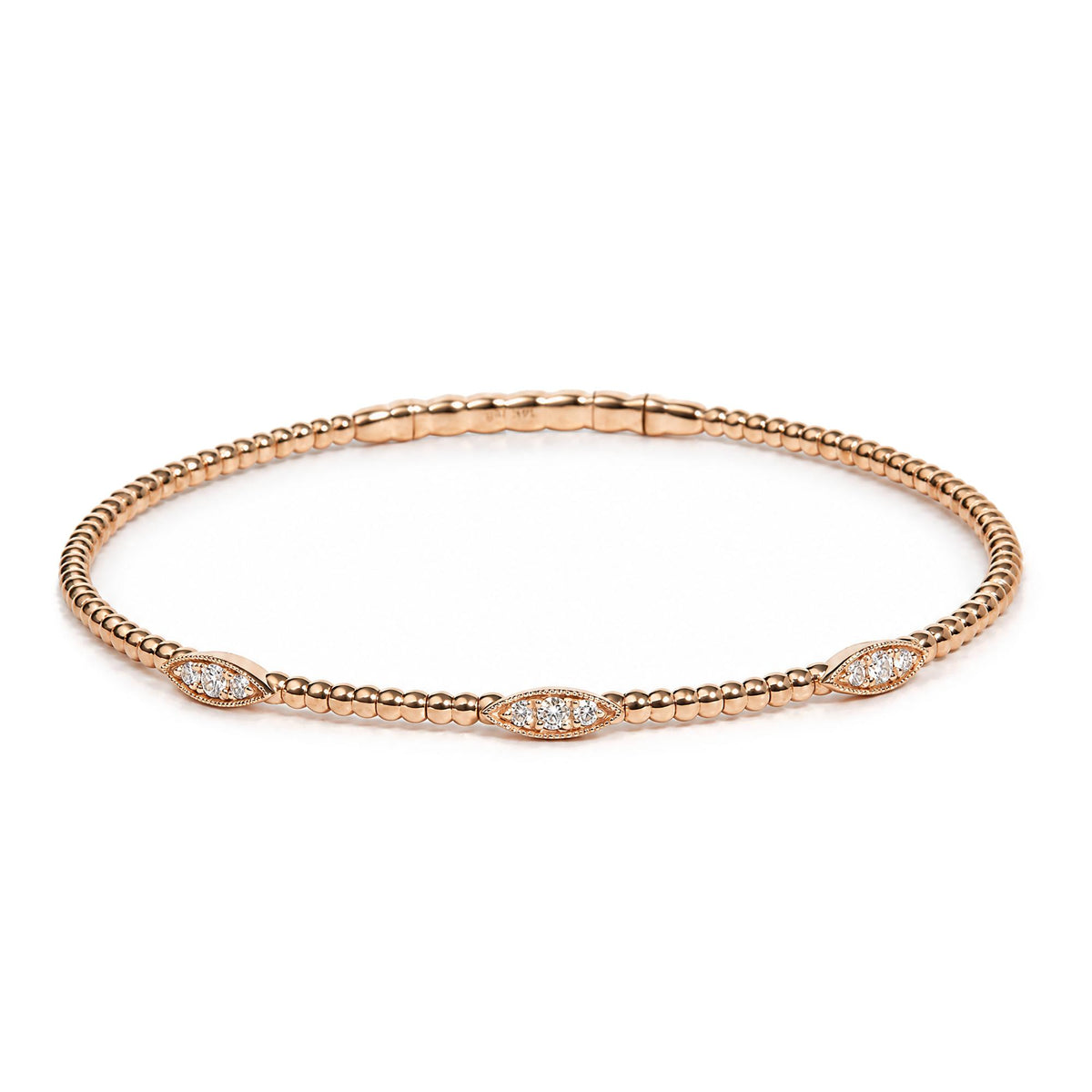 14K Gold 1/6 Cttw Diamond Marquise-Station Beaded Flexible Bangle Bracelet