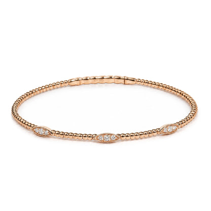 14K Gold 1/6 Cttw Diamond Marquise-Station Beaded Flexible Bangle Bracelet