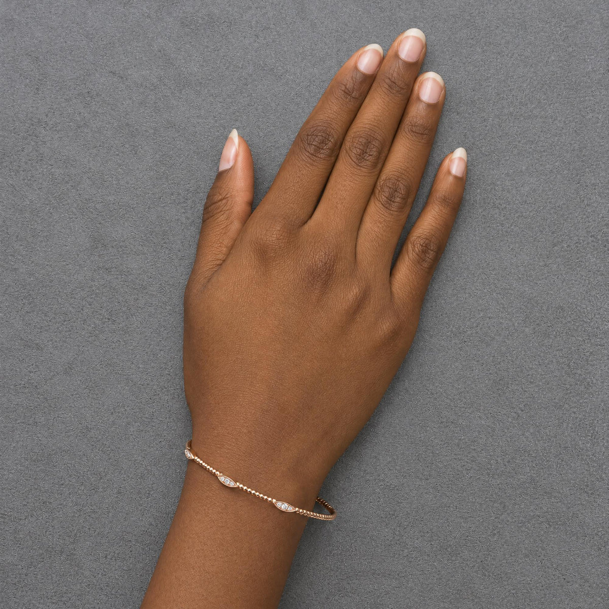 14K Gold 1/6 Cttw Diamond Marquise-Station Beaded Flexible Bangle Bracelet