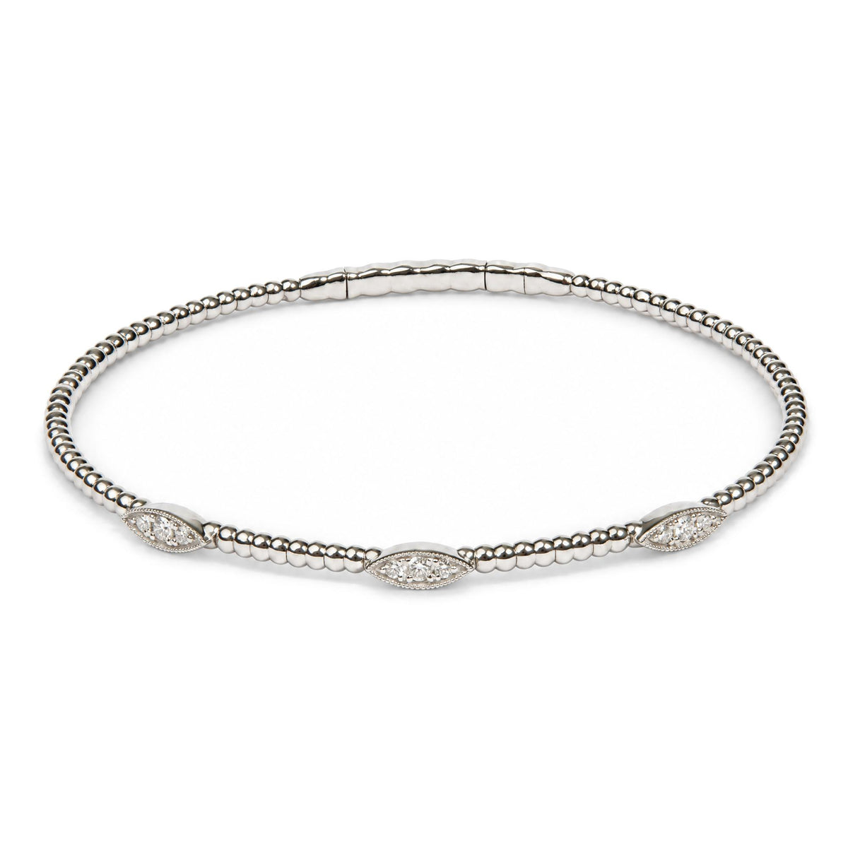 14K Gold 1/6 Cttw Diamond Marquise-Station Beaded Flexible Bangle Bracelet