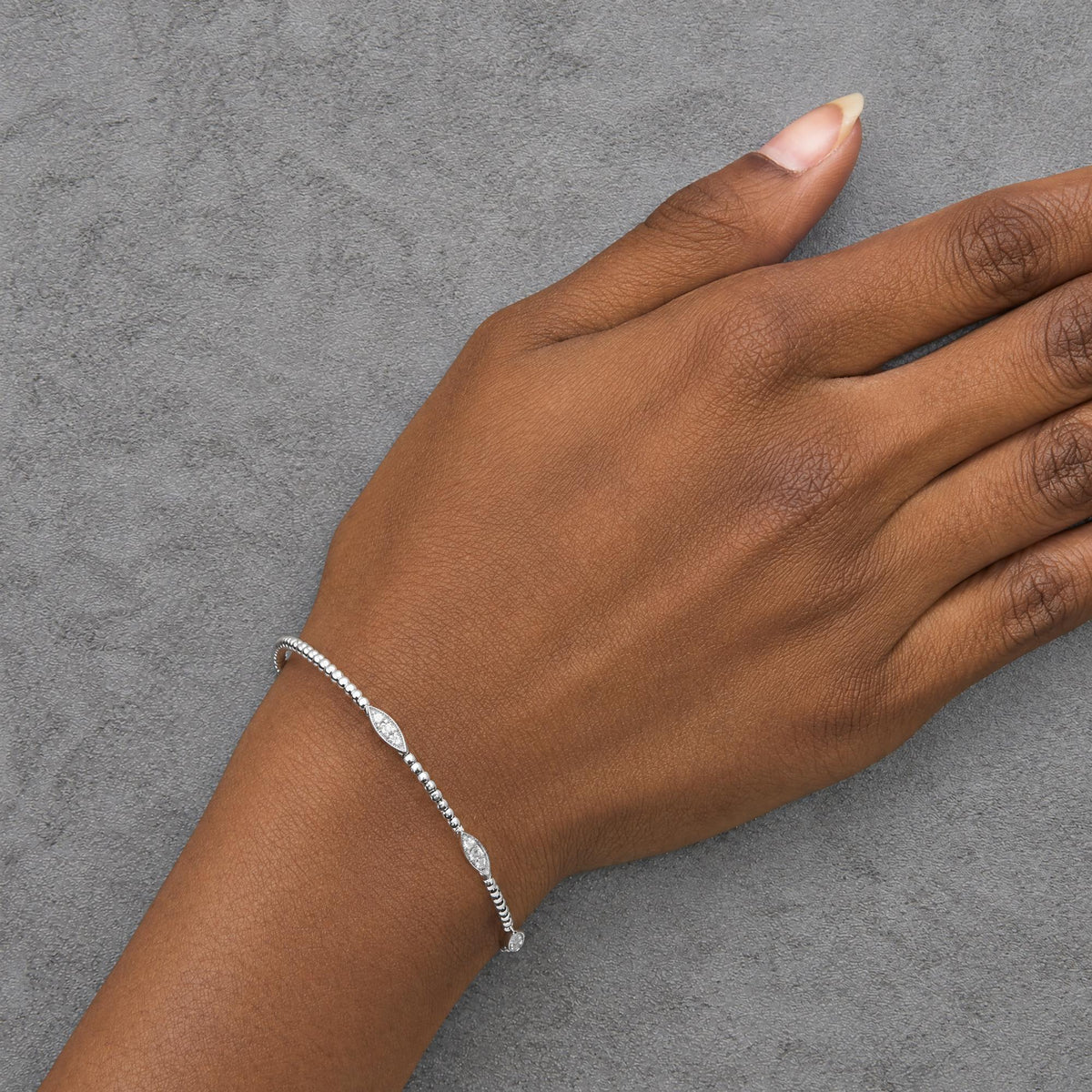 14K Gold 1/6 Cttw Diamond Marquise-Station Beaded Flexible Bangle Bracelet