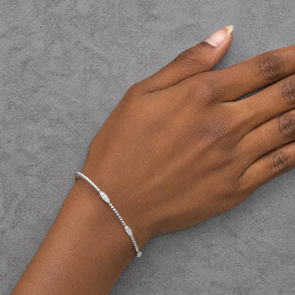 14K Gold 1/6 Cttw Diamond Marquise-Station Beaded Flexible Bangle Bracelet