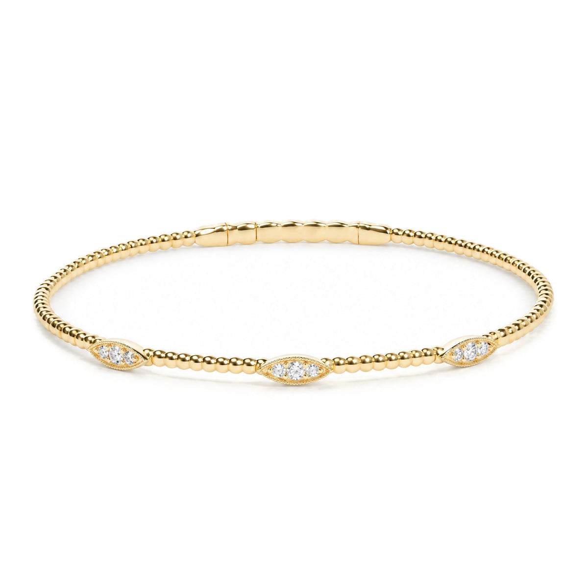 14K Gold 1/6 Cttw Diamond Marquise-Station Beaded Flexible Bangle Bracelet