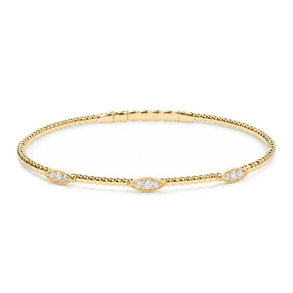 14K Gold 1/6 Cttw Diamond Marquise-Station Beaded Flexible Bangle Bracelet