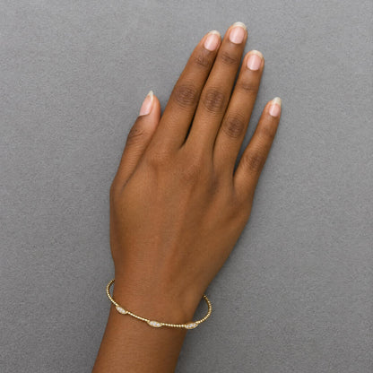 14K Gold 1/6 Cttw Diamond Marquise-Station Beaded Flexible Bangle Bracelet