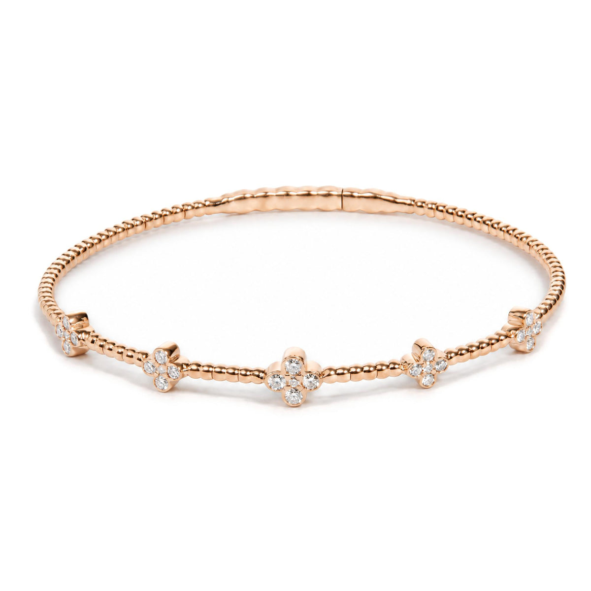 14K Gold 1/2 Cttw Lab-Grown Diamond Floral Station Beaded Flexible Bangle Bracelet