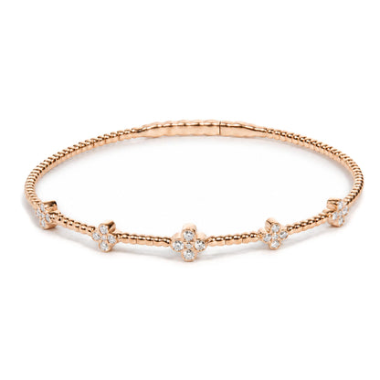14K Gold 1/2 Cttw Lab-Grown Diamond Floral Station Beaded Flexible Bangle Bracelet
