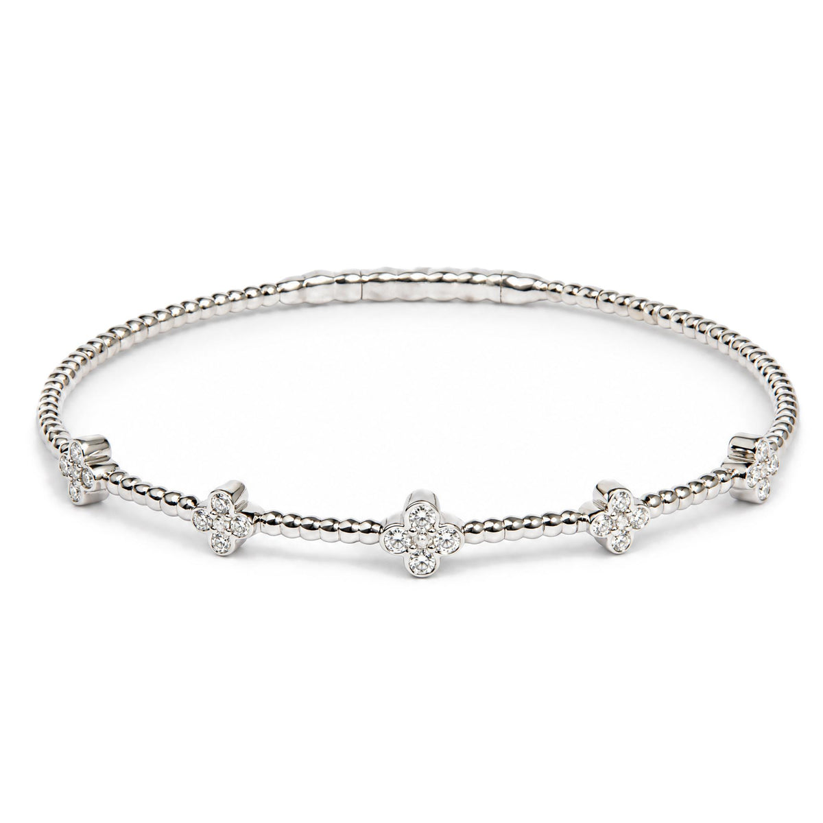14K Gold 1/2 Cttw Lab-Grown Diamond Floral Station Beaded Flexible Bangle Bracelet